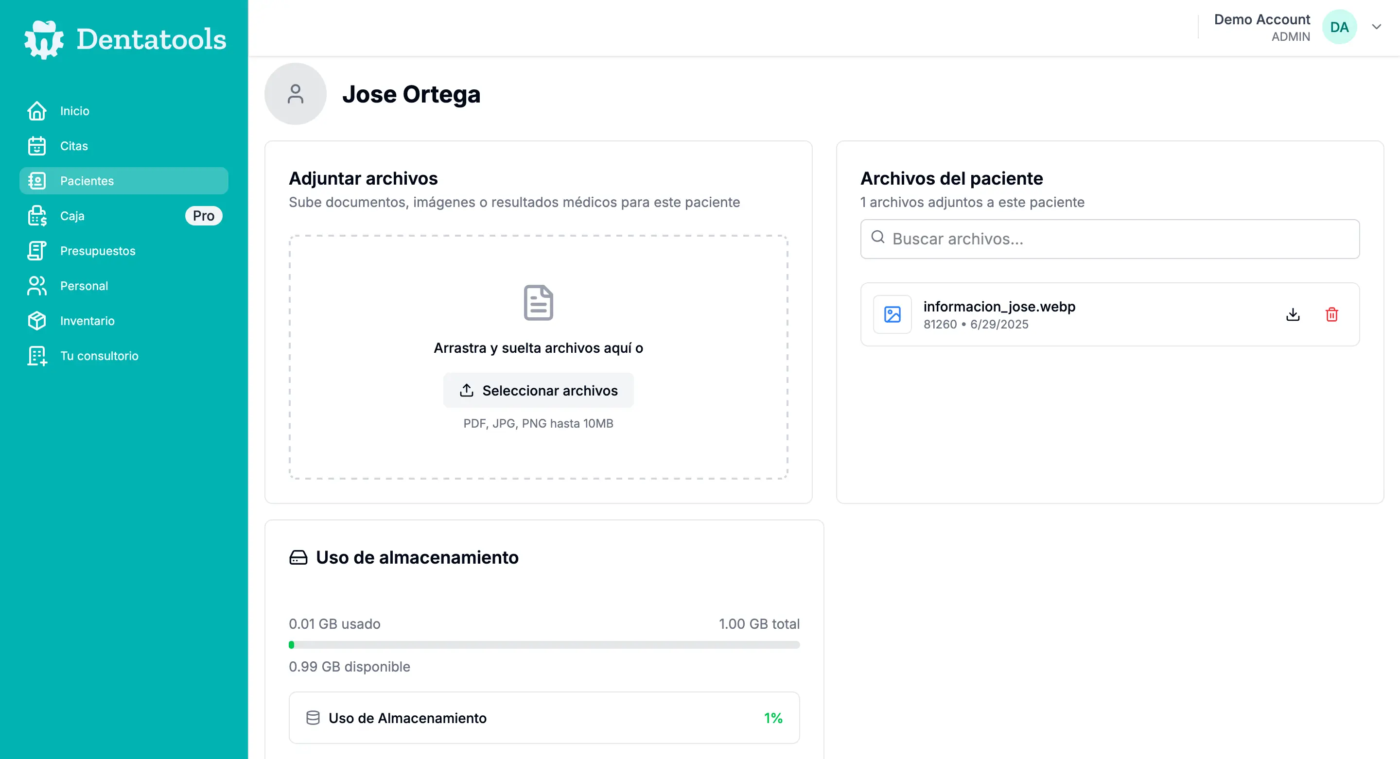 interfaz de dentatools archivos adjuntos por paciente