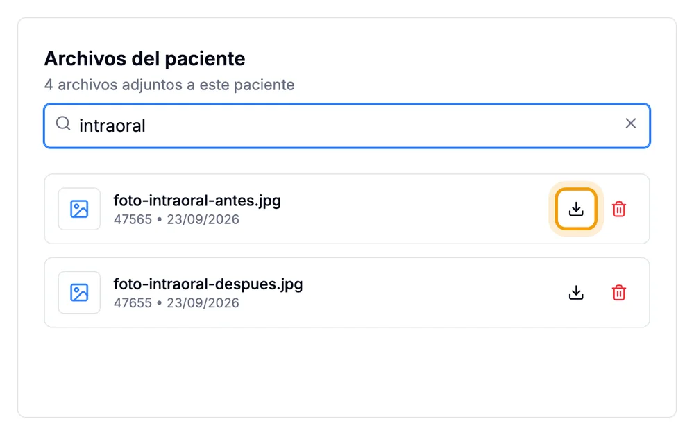 Buscador de archivos del paciente en Dentatools filtrando por intraoral, con el botón de descarga resaltado