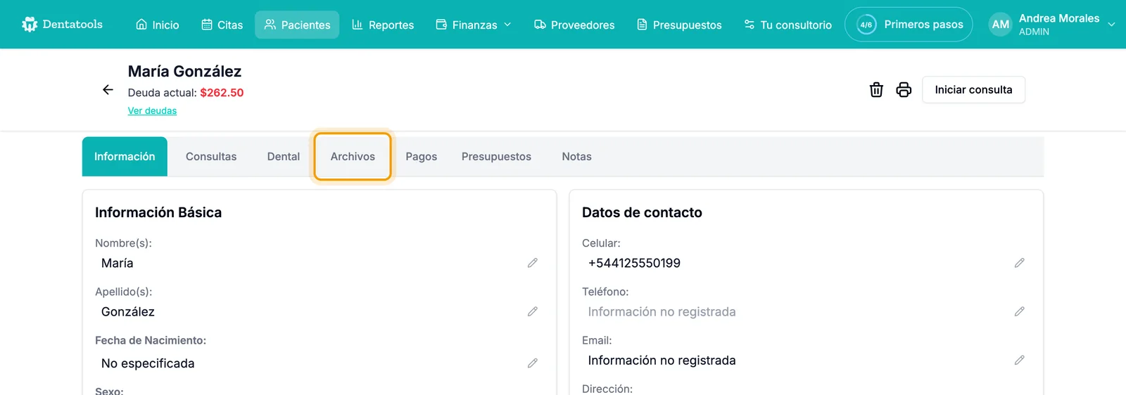 Ficha de paciente en Dentatools con la pestaña Archivos resaltada junto a Información, Consultas, Dental, Pagos, Presupuestos y Notas
