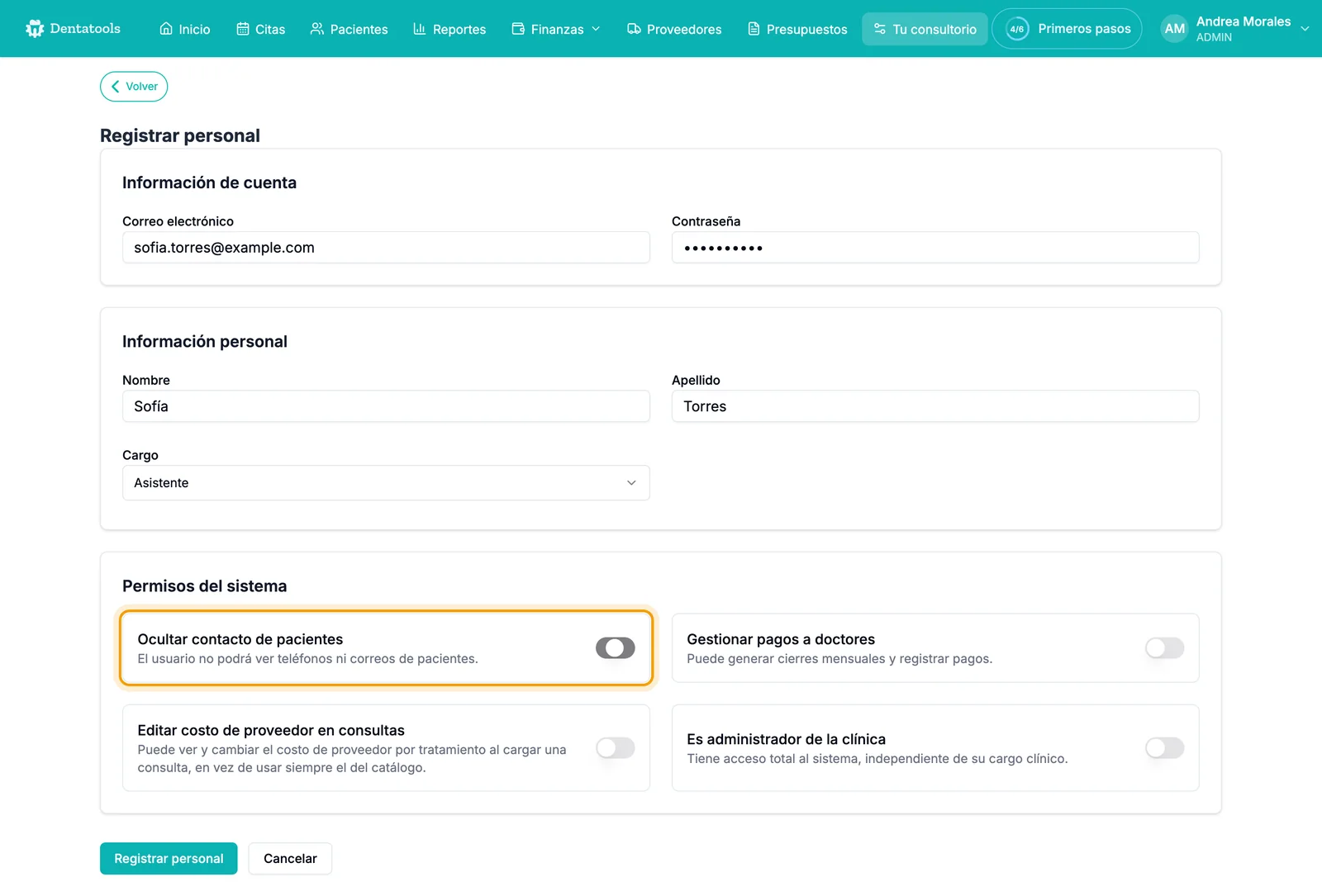 Formulario Registrar personal de Dentatools con una asistente y el permiso Ocultar contacto de pacientes activado