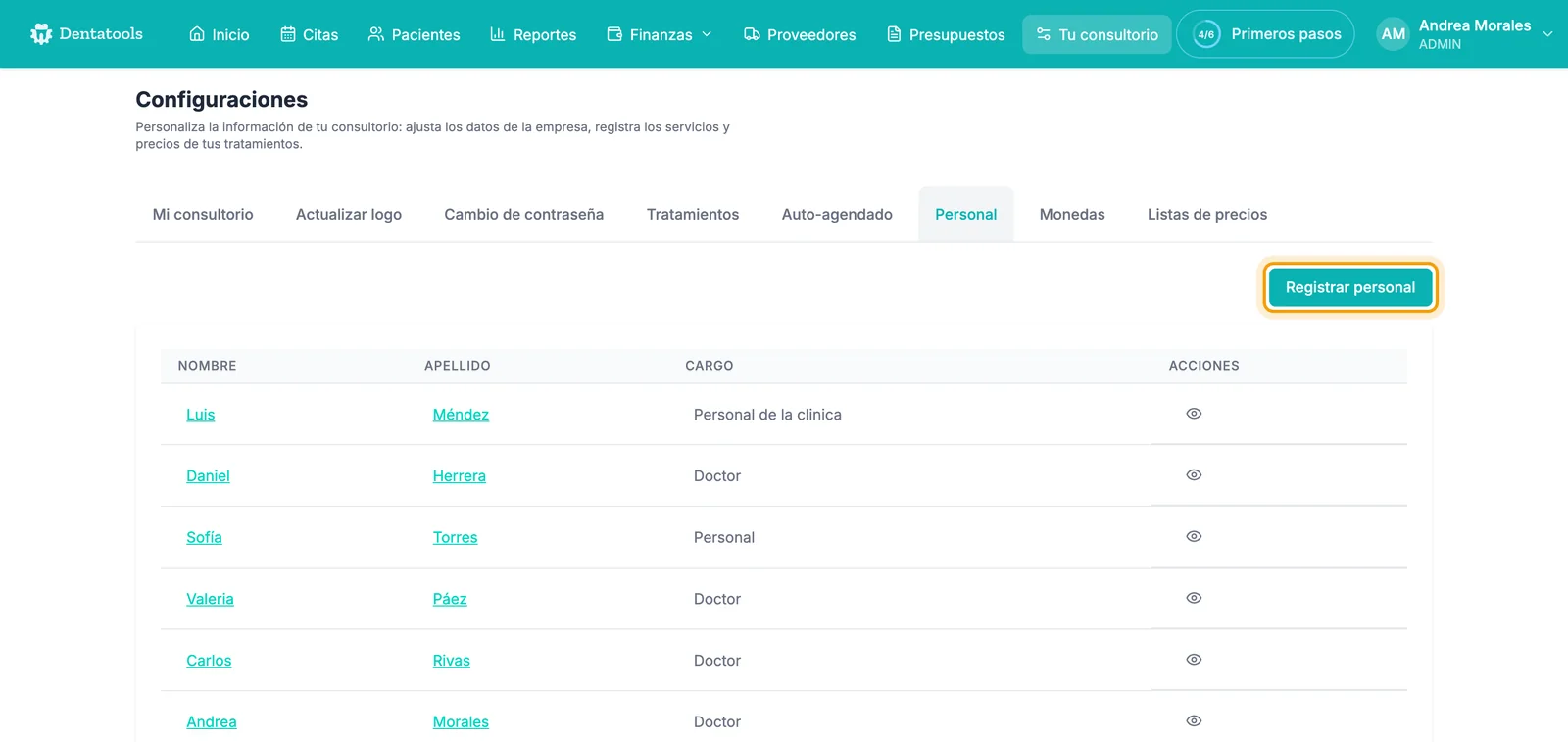 Pestaña Personal dentro de Tu consultorio en Dentatools, con la lista del equipo y el botón Registrar personal resaltado