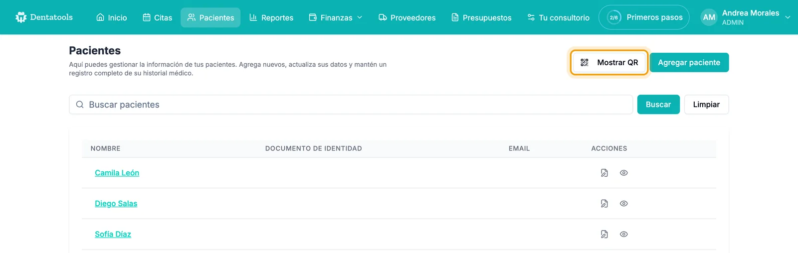 Lista de Pacientes en Dentatools con el botón Mostrar QR resaltado