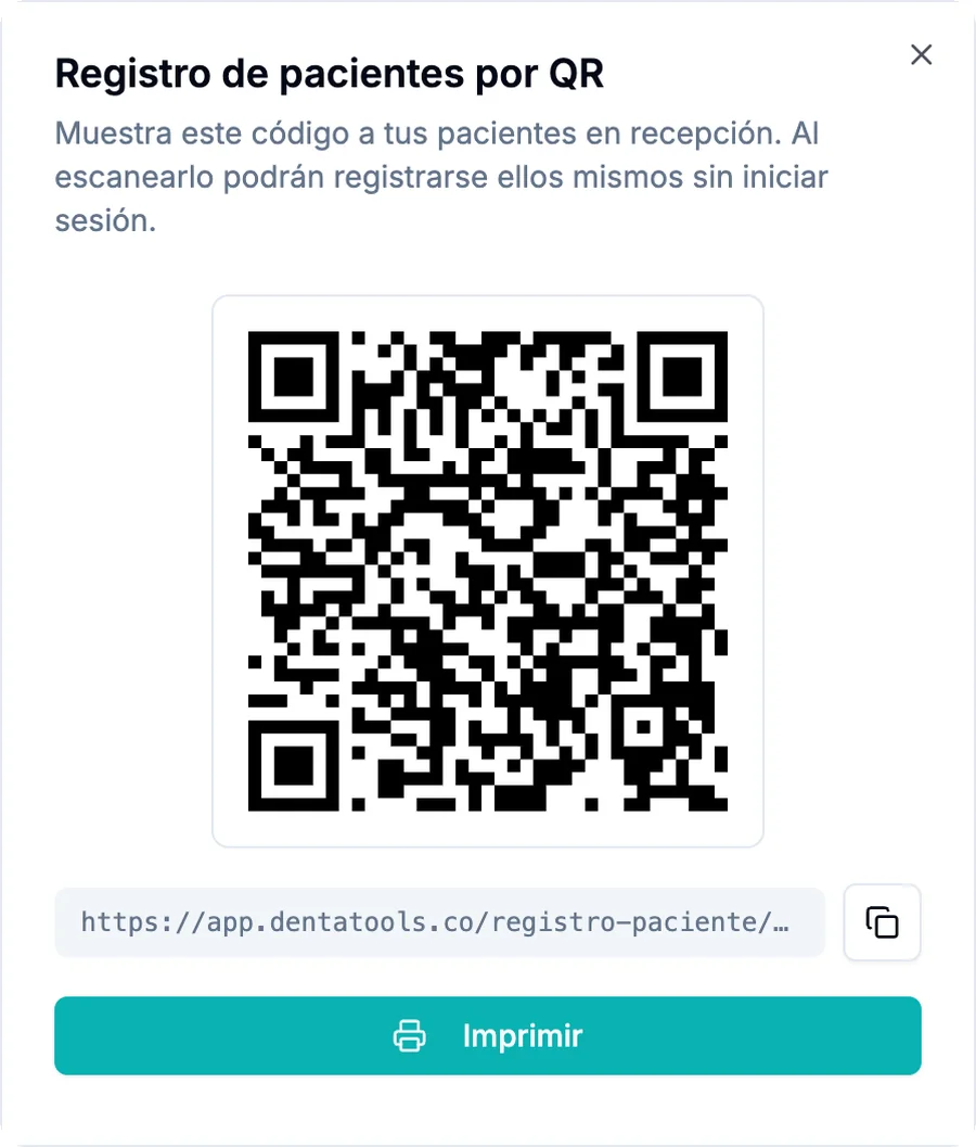 Ventana Registro de pacientes por QR en Dentatools con el código QR, el enlace para copiar y el botón Imprimir