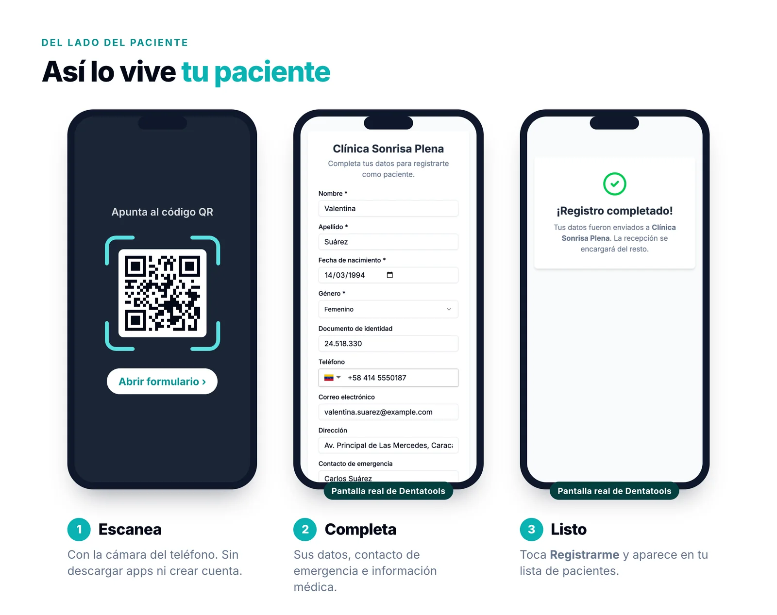 Flujo del paciente: escanear el QR, completar el formulario de registro en el teléfono y ver la confirmación de registro completado