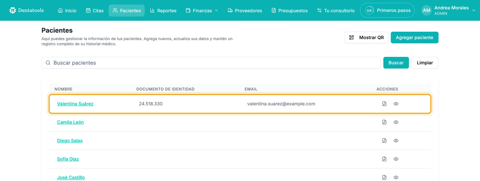 Paciente nuevo registrado por QR apareciendo en la lista de Pacientes de Dentatools con su documento y correo
