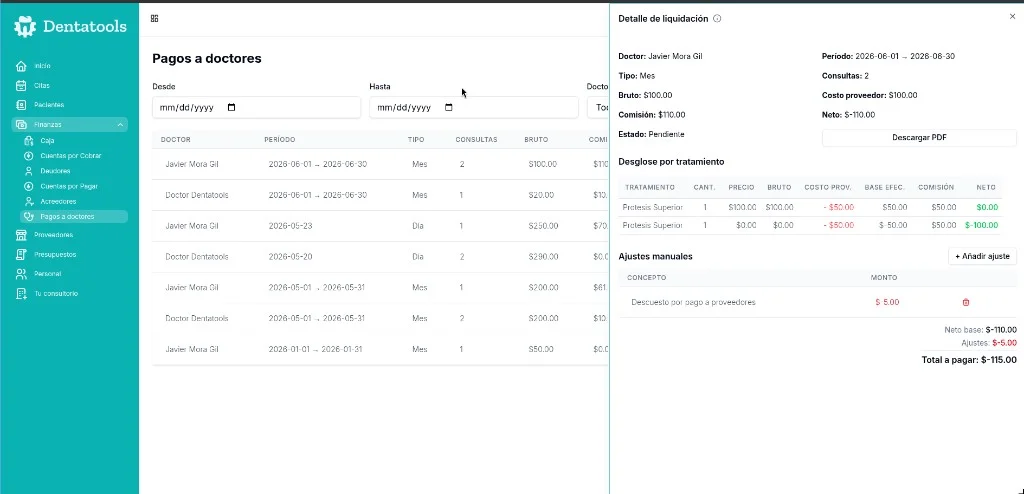 Detalle de liquidación en Dentatools: desglose por tratamiento, ajustes manuales y total a pagar
