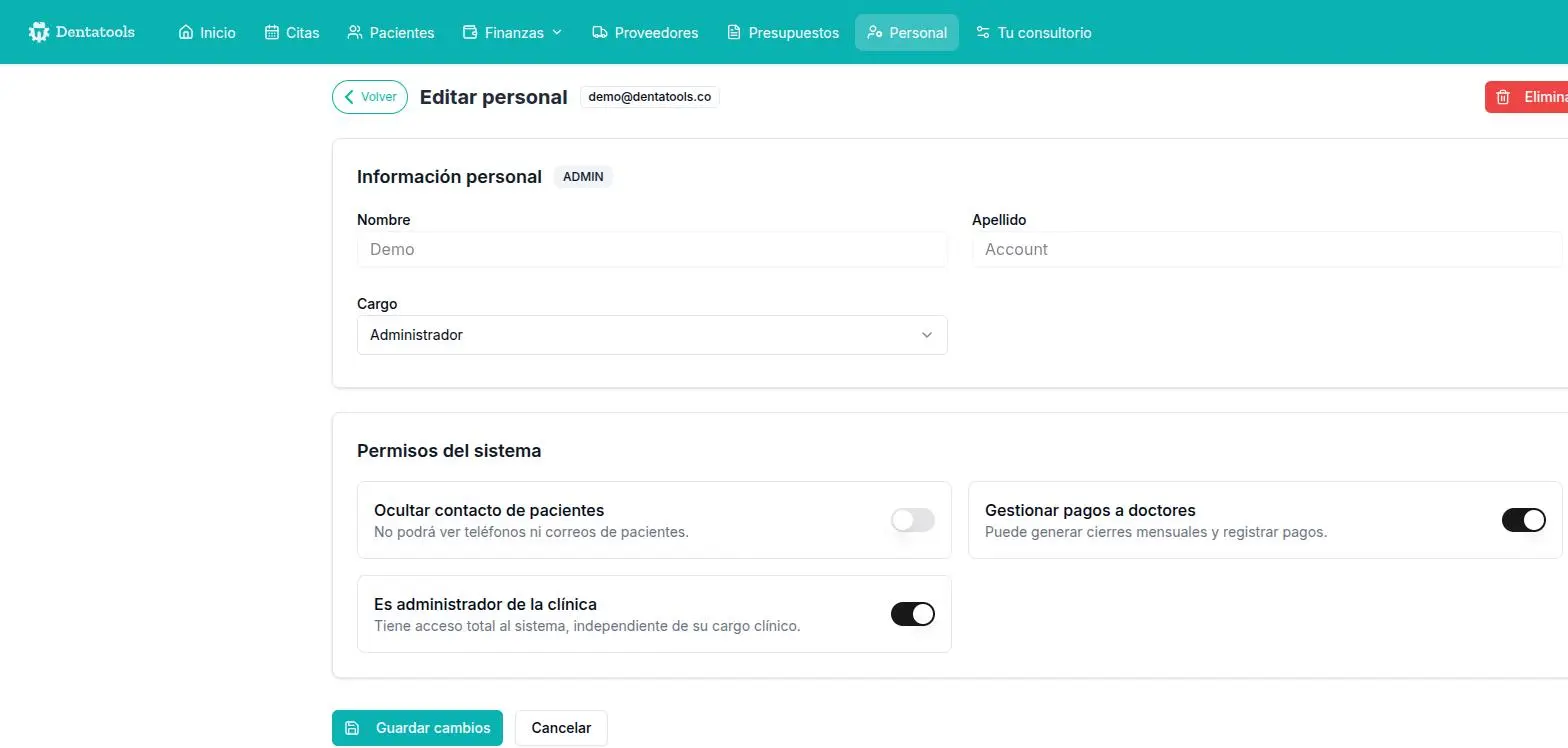 Configuración de roles y permisos del sistema por usuario — Dentatools